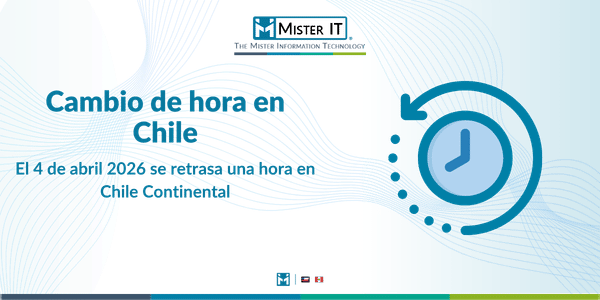 Gráfico de Mister IT para el cambio de hora en Chile el 4 de abril de 2026. Muestra un reloj con una flecha hacia atrás, indicando que se retrasa una hora.