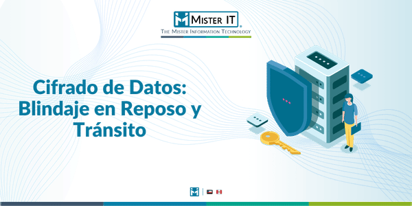 Infografía de Mister IT sobre cifrado empresarial. Muestra un servidor protegido por un escudo, una llave de seguridad y el texto: "Cifrado de Datos Críticos"