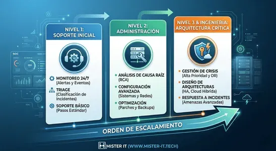 Infografía de Mister IT mostrando el flujo de escalamiento: Nivel 1 (Monitoreo), Nivel 2 (Administración), Nivel 3 (Arquitectura Crítica). Una flecha indica el orden.