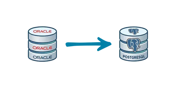 Diagrama de migración: flujo de datos desde base de datos Oracle (izquierda) hacia PostgreSQL (derecha), representado por iconos de cilindros y una flecha de transición sobre fondo blanco.