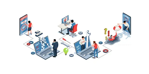 Ilustración isométrica de un ecosistema de soporte técnico 24/7, mostrando agentes humanos y automatizados resolviendo incidencias críticas en tiempo real