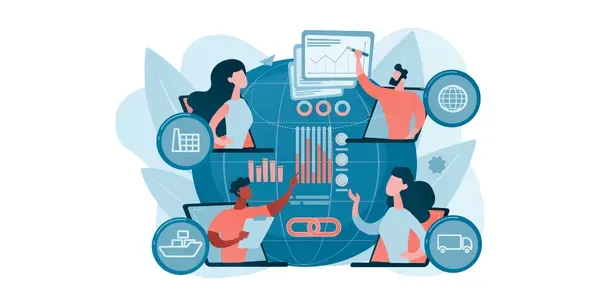 Ilustración de equipo colaborando sobre un globo digital con iconos de logística y analítica, representando la integración de infraestructura en la transformación digital.