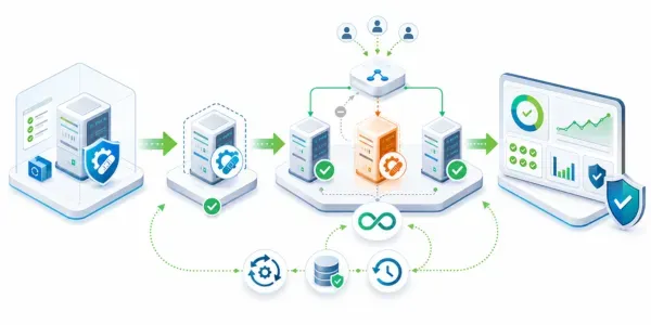 Ilustración de gestión automatizada de parches, con servidores actualizándose en flujo continuo, validaciones, alertas controladas y panel de monitoreo, representando continuidad del servicio