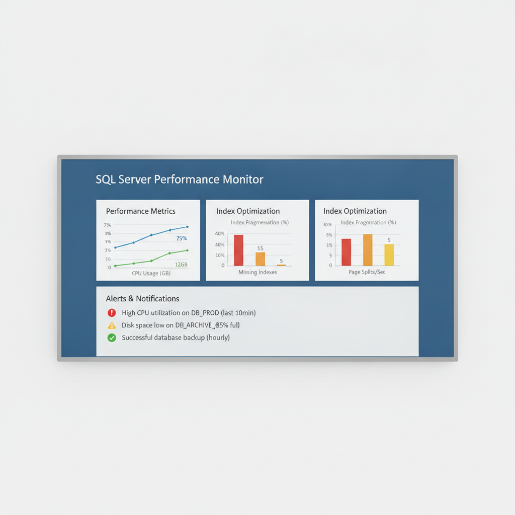 Panel de monitoreo de SQL Server con gráficos de rendimiento y alertas técnicas para administración de bases de datos