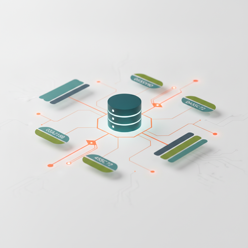 Representación abstracta de un servidor MySQL con esquemas relacionales y tablas interconectadas sobre fondo blanco.