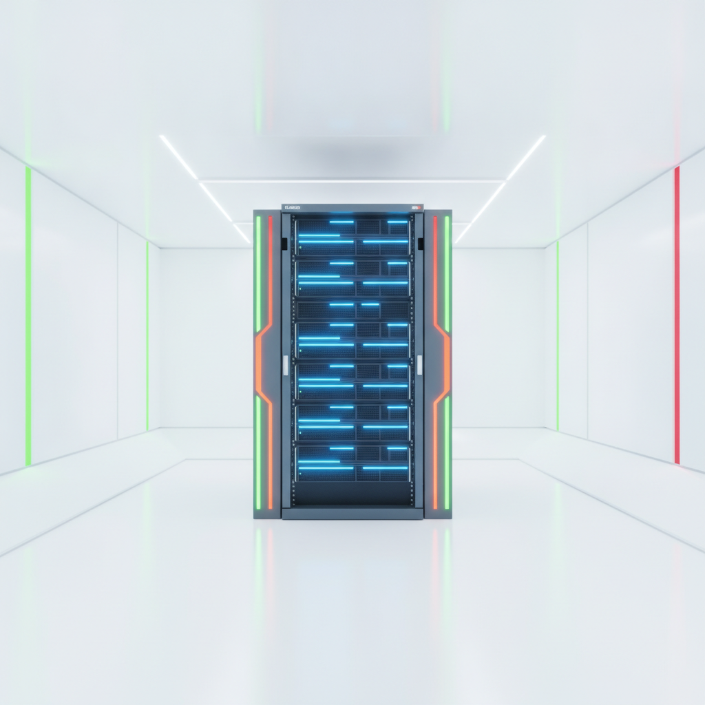Servidor rack en datacenter con luces LED azules, representando hardening y seguridad de infraestructura TI.