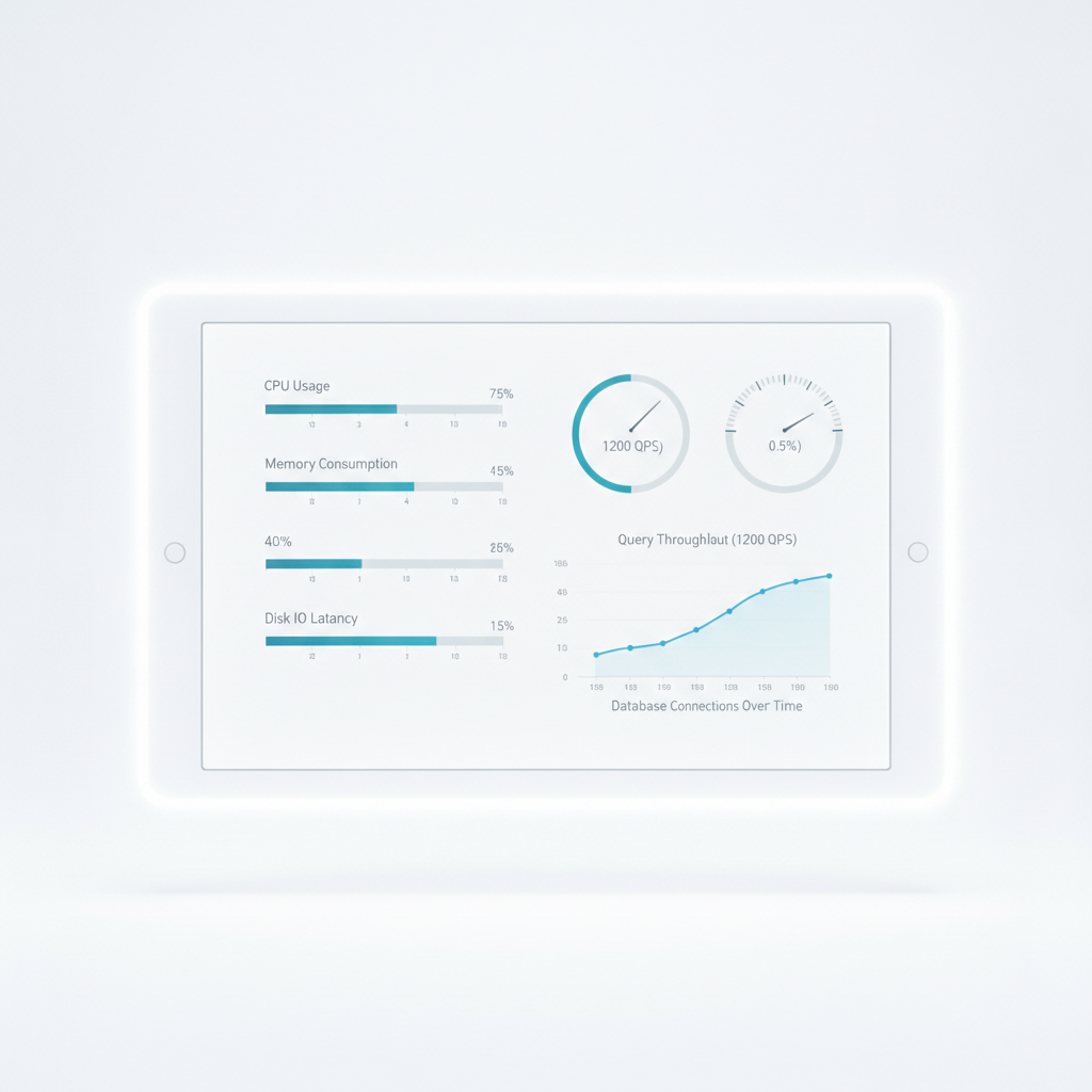 Dashboard técnico de monitoreo SQL Server con métricas de rendimiento y gráficos de base de datos