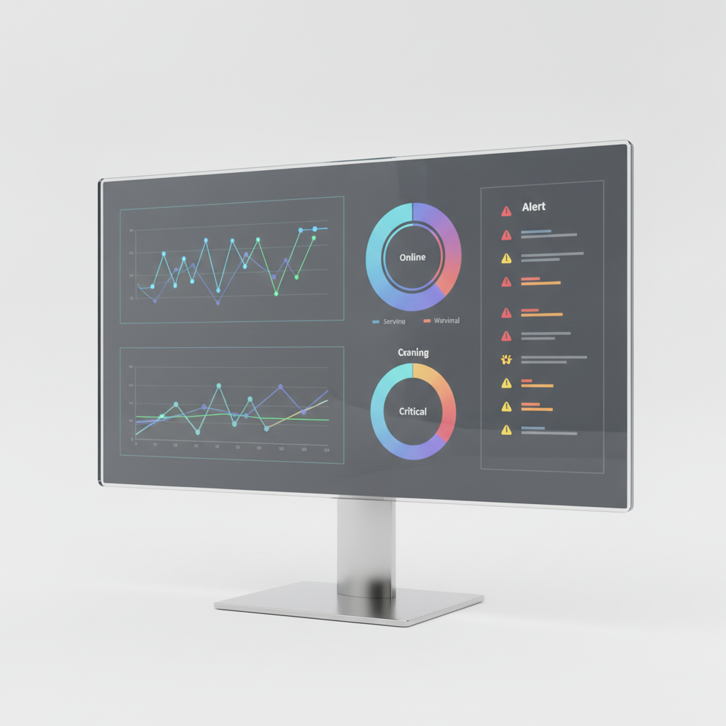 Dashboard de monitoreo 24x7 con gráficos de red, servidores y alertas en tiempo real para continuidad operacional.