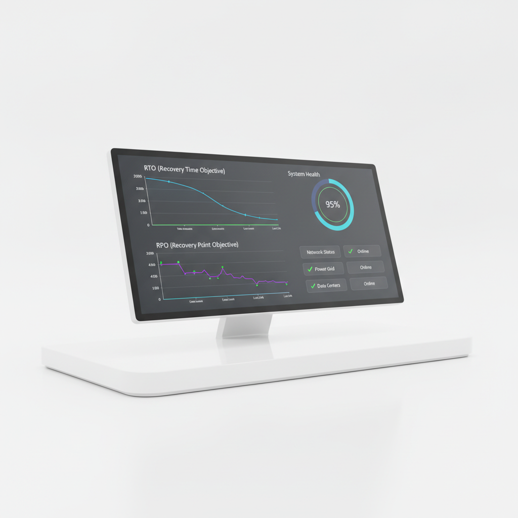 Panel de monitoreo 24x7 con métricas de RTO y RPO para infraestructura crítica en entorno tecnológico minimalista