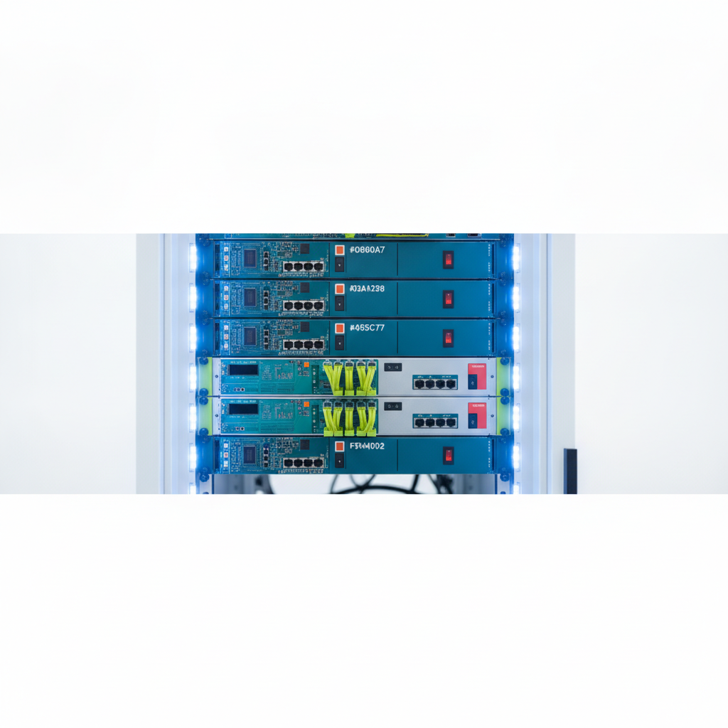 Servidor rack en datacenter minimalista con luces LED azules, representando hardening CIS y configuración segura de servidores.