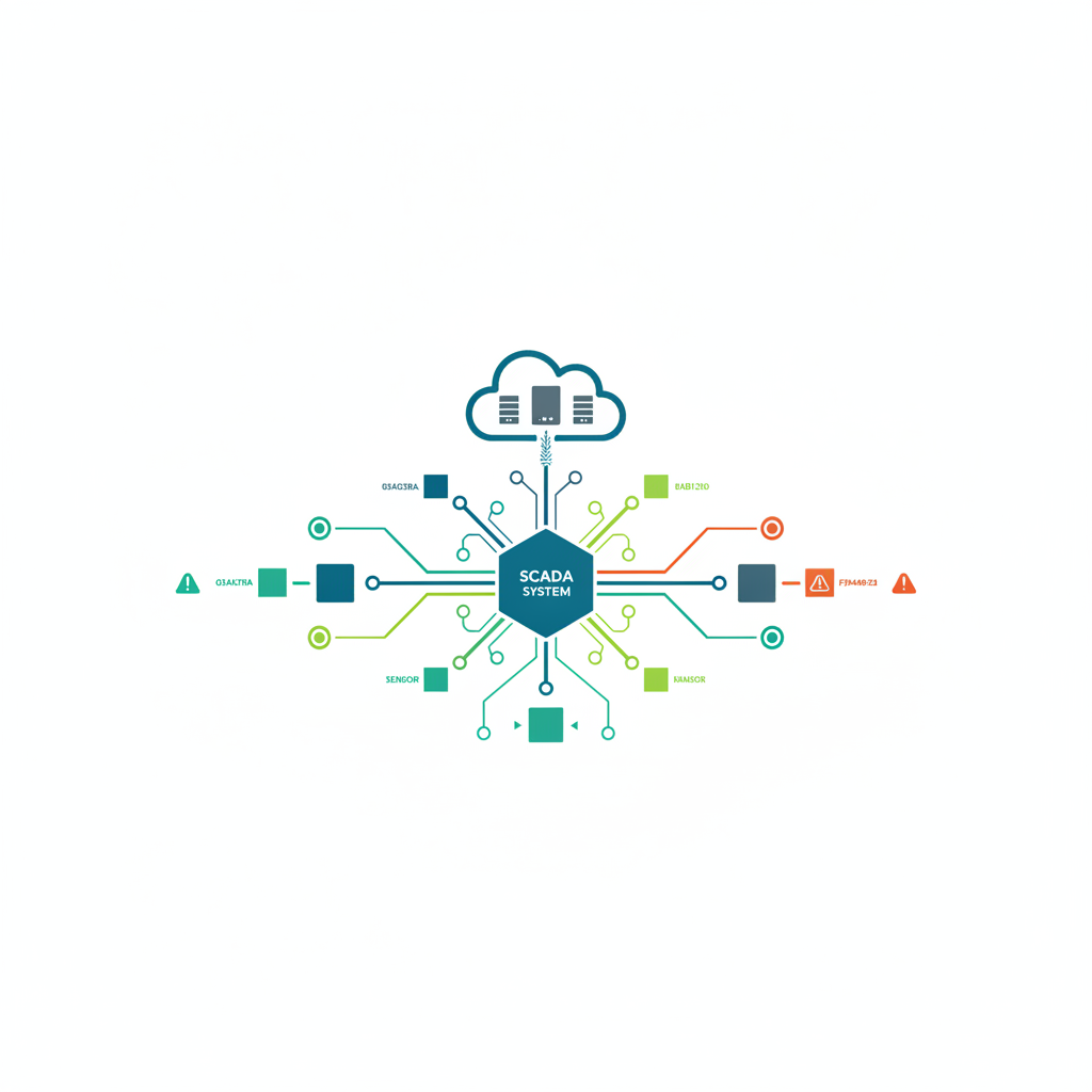 Infraestructura crítica tecnológica con sistemas SCADA y redes OT/IT en entorno industrial minimalista