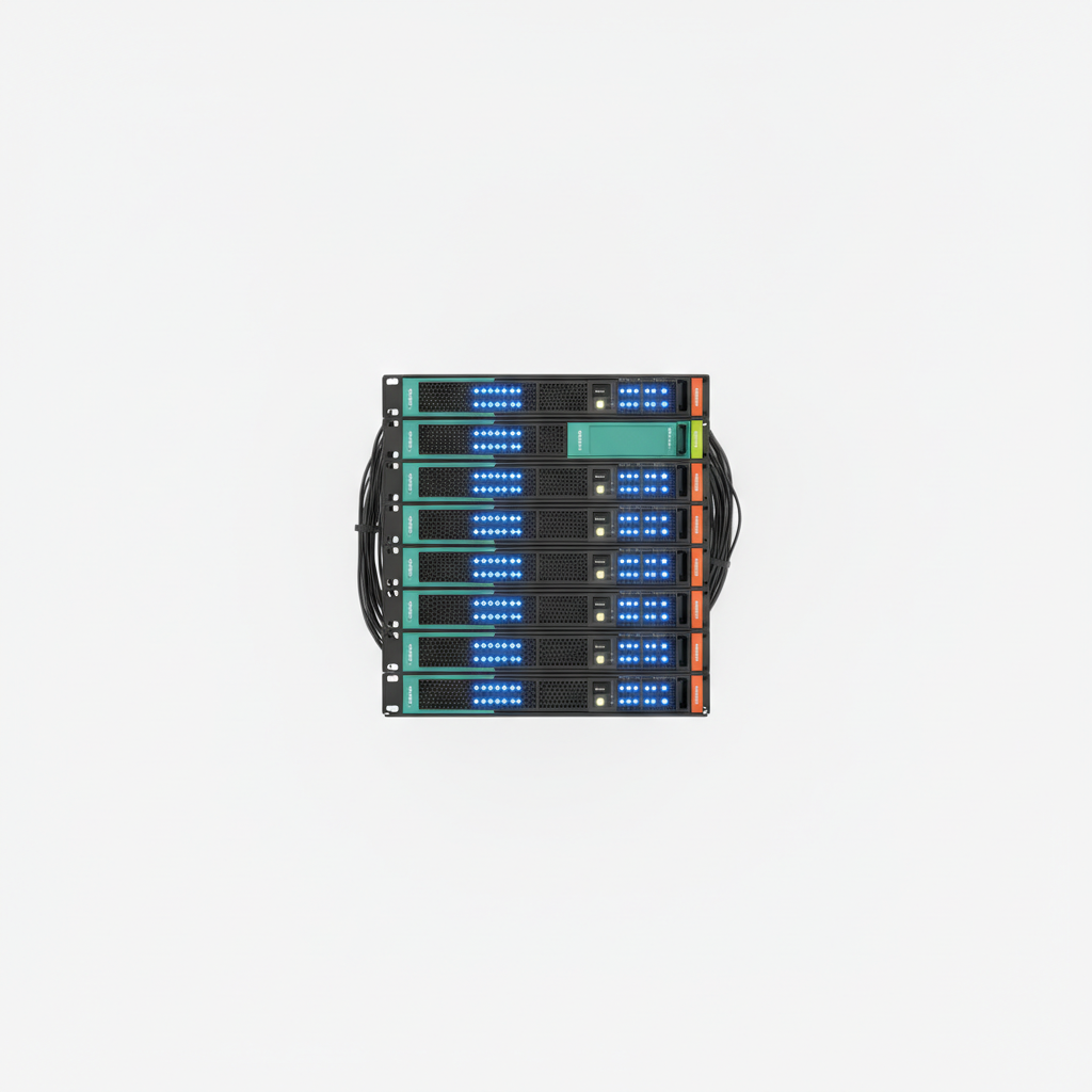 Servidor rack en datacenter con luces LED azules, representando infraestructura tecnológica para hardening de seguridad.