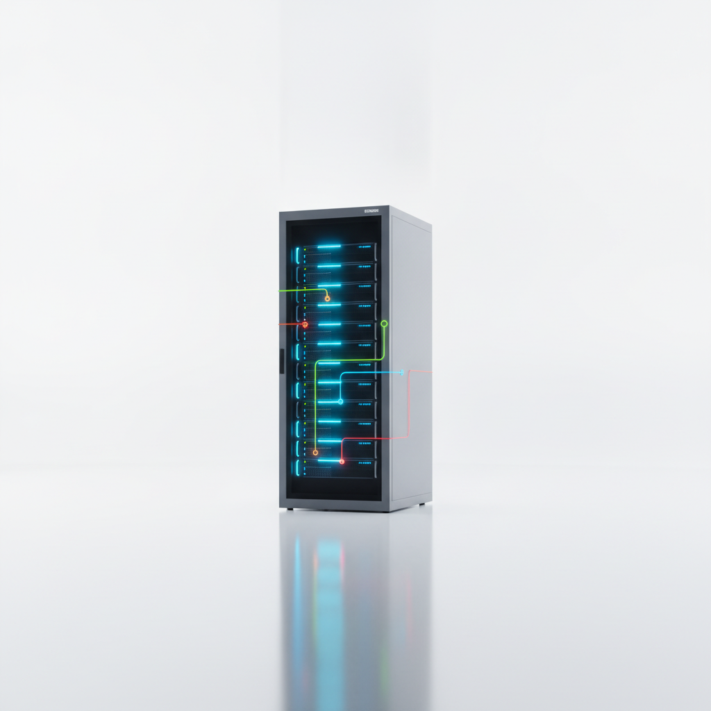 Servidor SQL Server con luces LED azules en rack tecnológico minimalista sobre fondo blanco