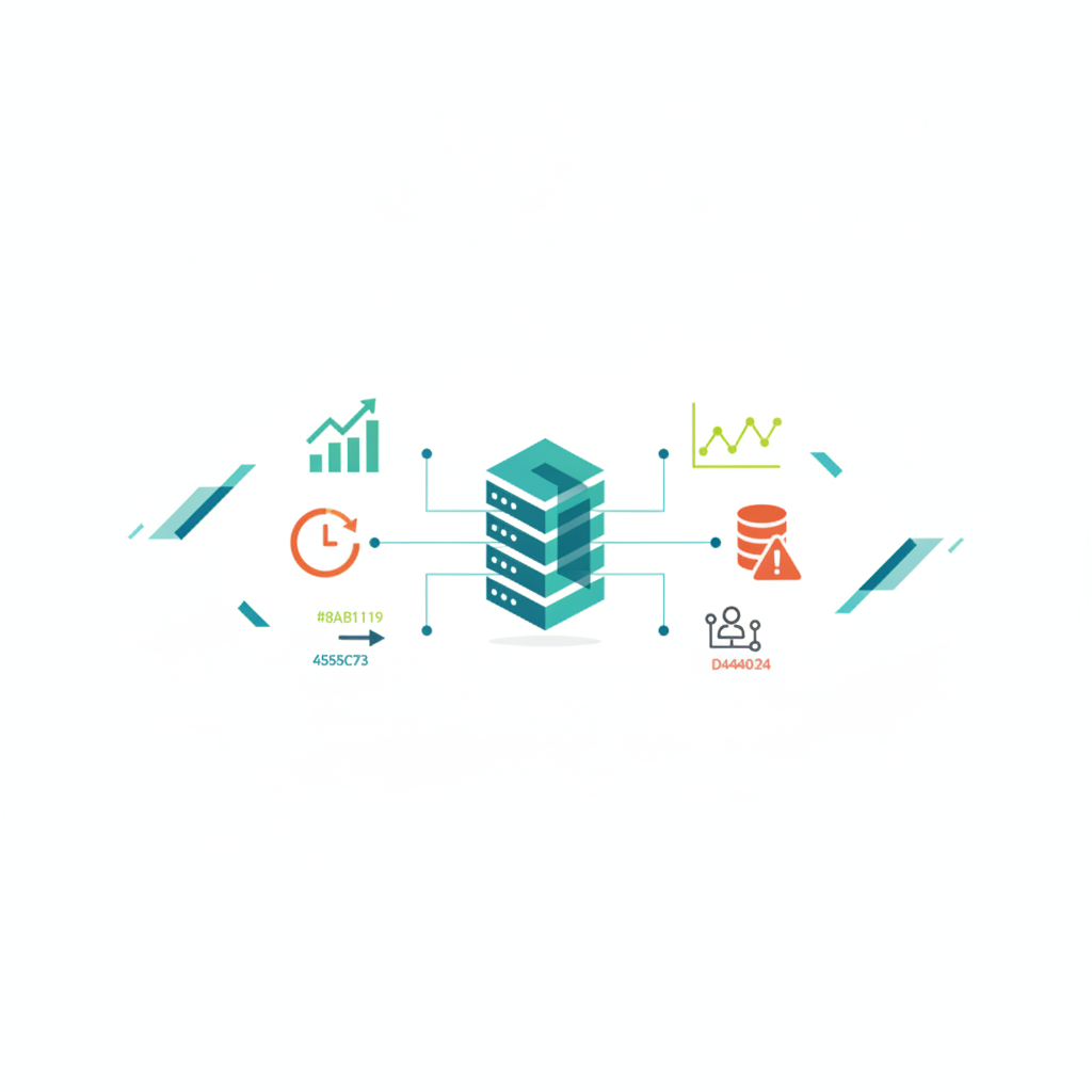 Representación abstracta de un servidor SQL Server con gráficos de rendimiento y señales de alerta, fondo blanco con detalles en azul corporativo.