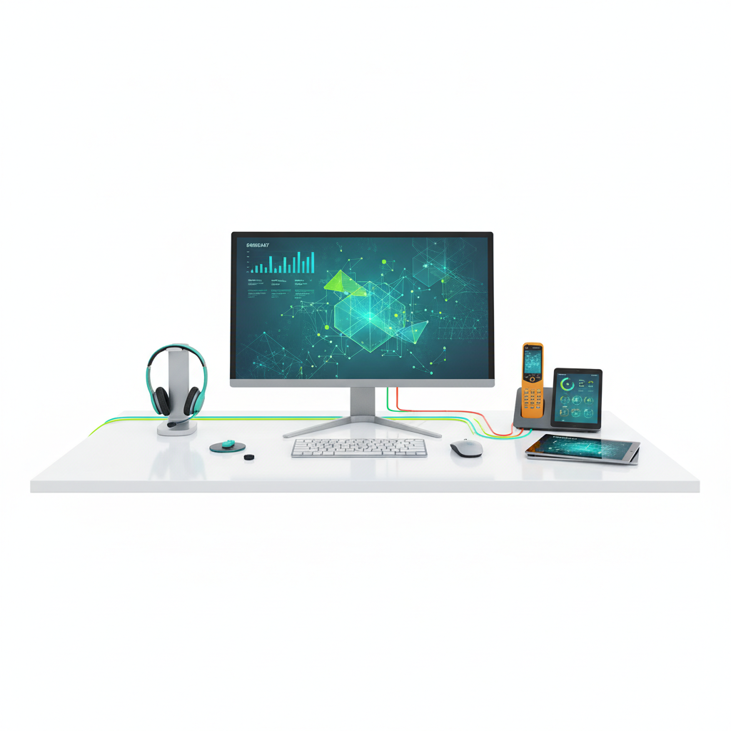 Mesa de ayuda de soporte técnico para retail con monitor, teclado y elementos de soporte en escritorio minimalista