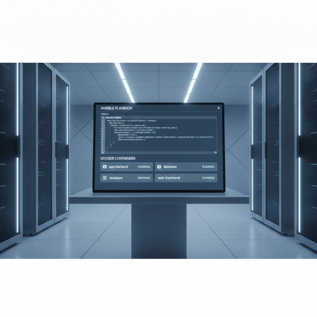 Terminal con un playbook de Ansible y contenedores Docker desplegados en un servidor