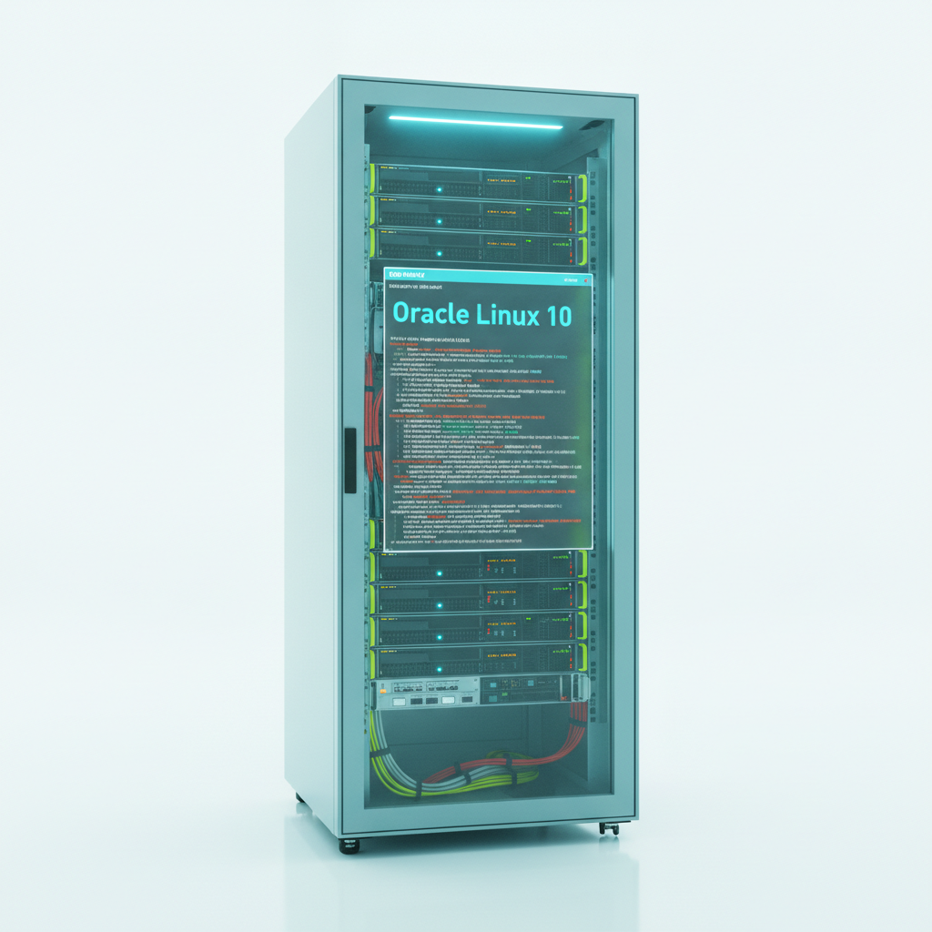 Servidor ejecutando Oracle Linux 10 con interfaz de terminal y gráficos de rendimiento del sistema
