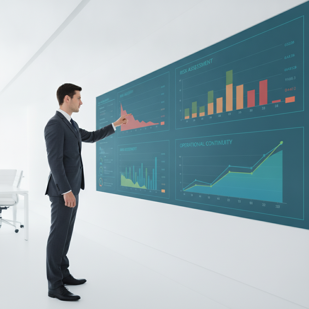 Ejecutivo señalando dashboard de ciberseguridad con métricas de riesgo y continuidad operativa en sala de juntas moderna