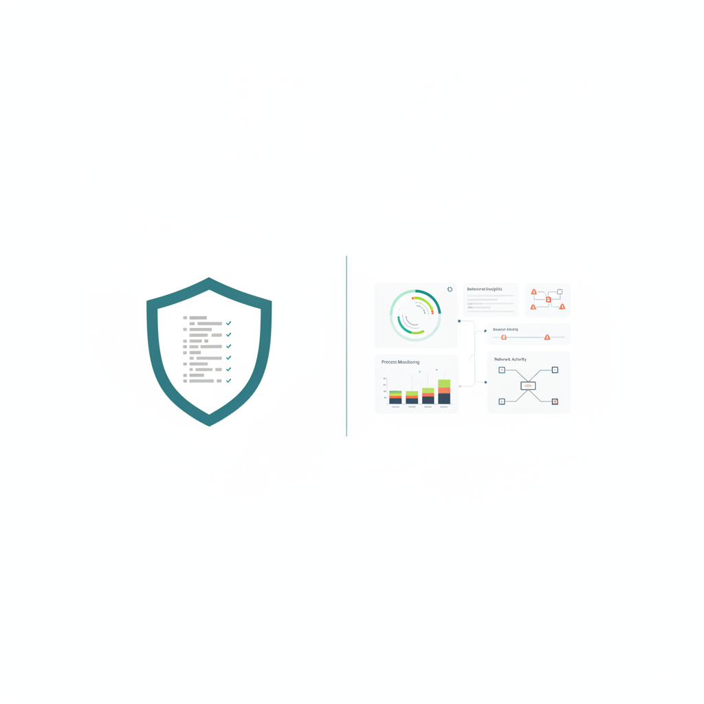 Comparación visual entre antivirus tradicional con firmas estáticas y plataforma EDR/XDR con telemetría y análisis de comportamiento en endpoint.