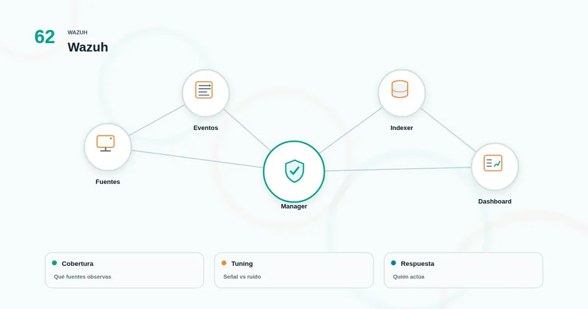 Diagrama de arquitectura de Wazuh con agente, manager, indexer y dashboard conectados