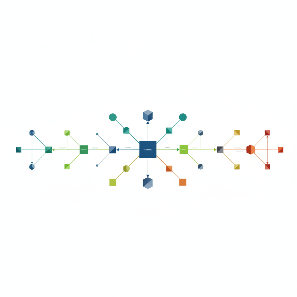 Diagrama abstracto de flujo de trabajo automatizado con nodos conectados en colores corporativos de Mister IT sobre fondo blanco.