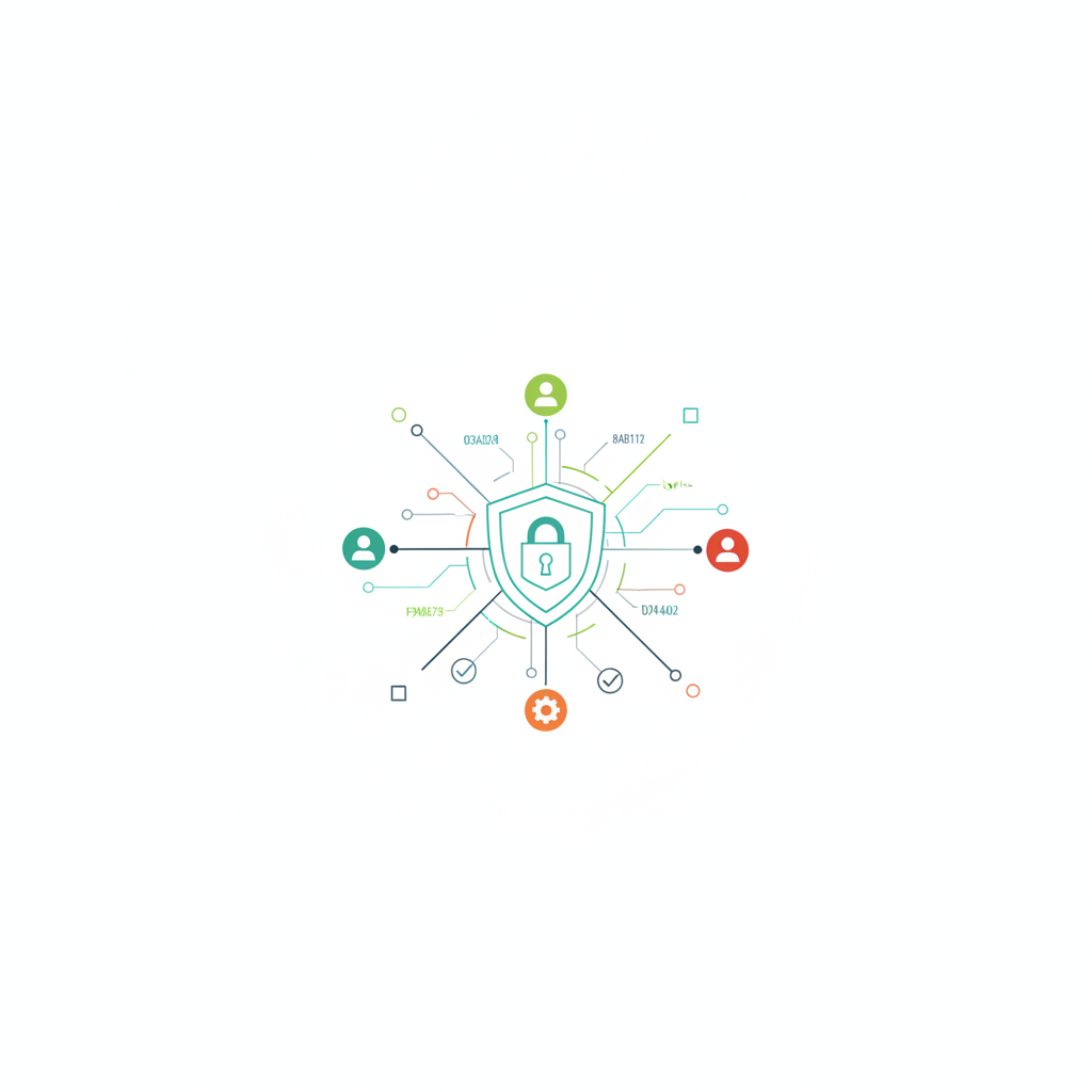 Ilustración de hardening de usuarios con candado digital y control de accesos en tonos azul y verde