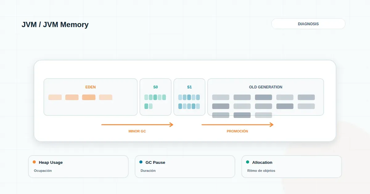 Diagrama abstracto de memoria JVM con heap segmentado y gráfico de monitoreo en colores corporativos