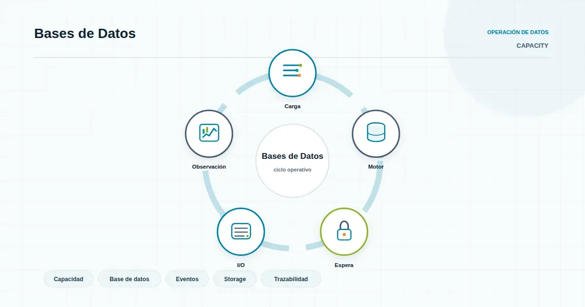 Curva de crecimiento de almacenamiento en base de datos con umbral de alerta y margen operativo