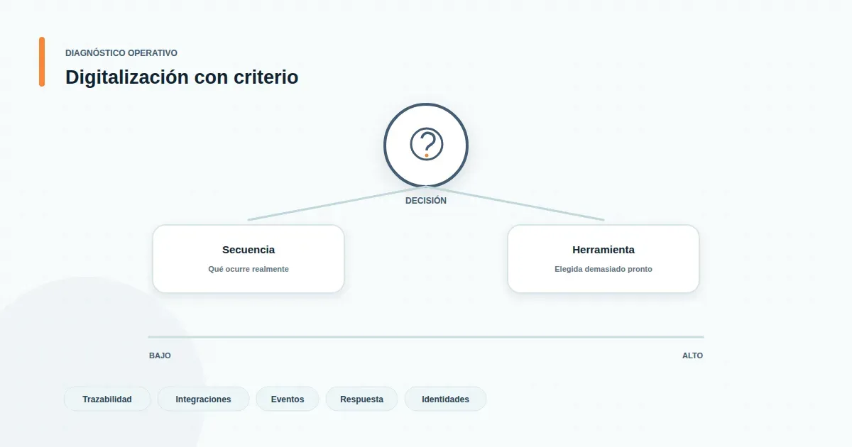 Diagrama minimalista de flujo de proceso con nodos conectados y puntos de captura de datos para medir una transformación digital