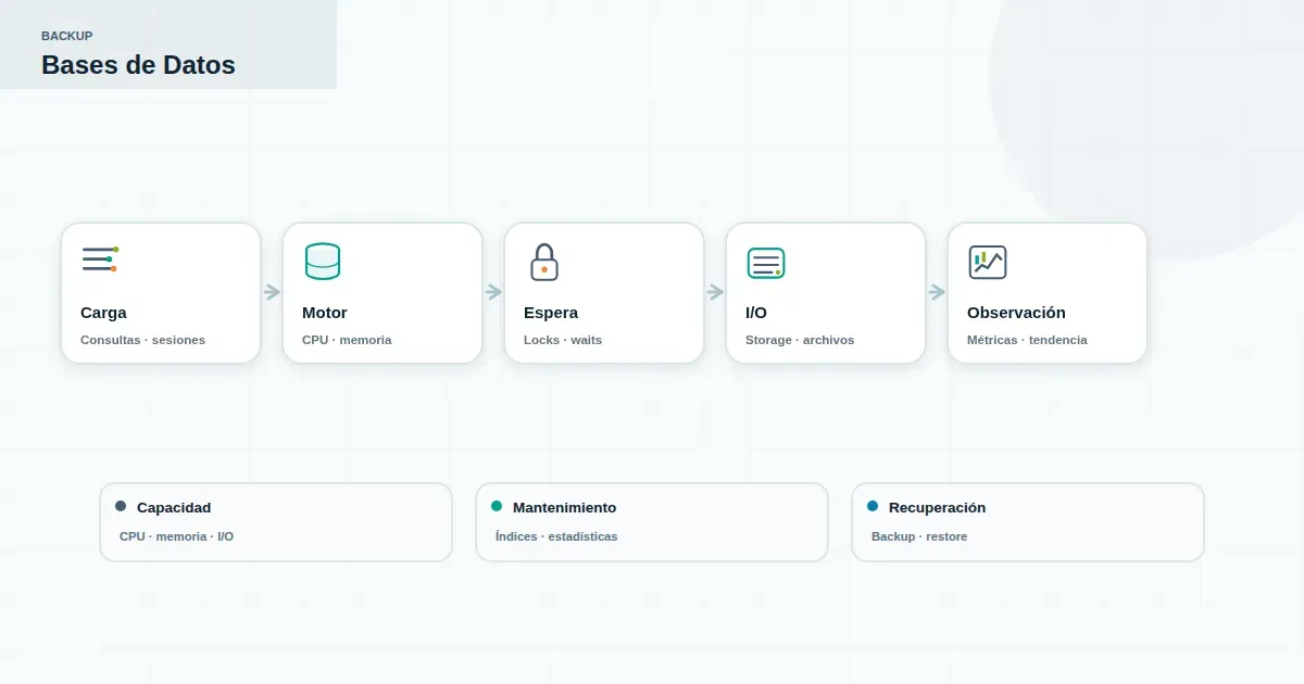 Diagrama de capas aplicación, red, sistema operativo y base de datos con puntos de medición para diagnóstico de lentitud
