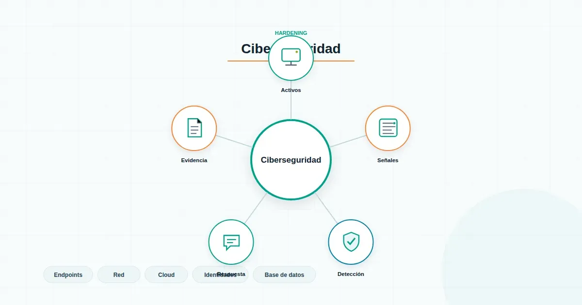 Diagrama de capas con los tipos de hardening por activo: sistema operativo, identidad, red, aplicación, base de datos, nube y endpoint.