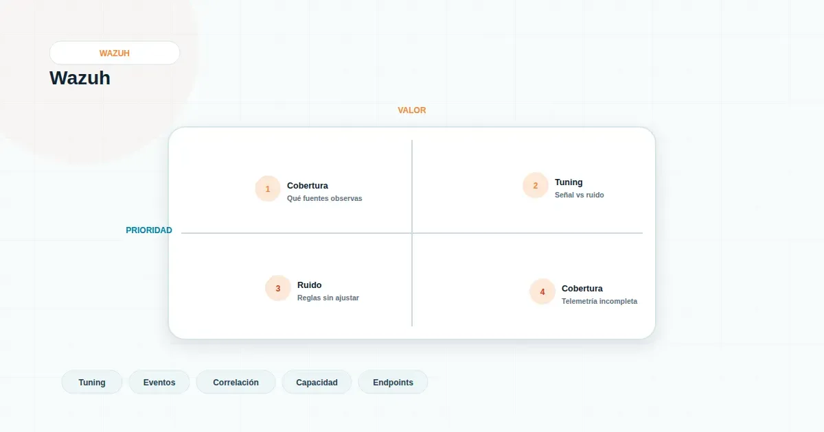 Diagrama minimalista que muestra alertas acumuladas y cómo se distinguen las relevantes en el tuning de Wazuh