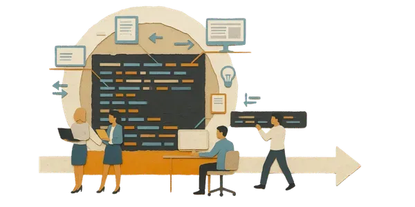 Una ilustración de papel que muestra a un equipo de desarrollo colaborando alrededor de pantallas y bloques de código