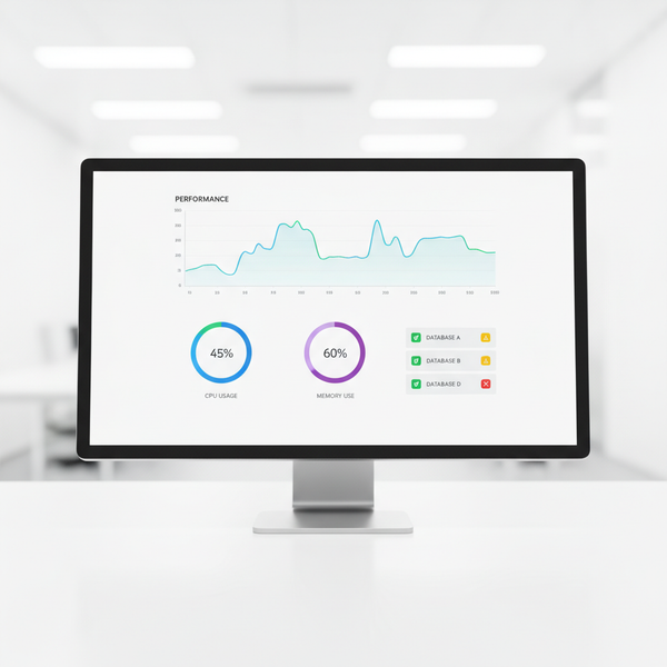 Panel de monitoreo de SQL Server con gráficos de rendimiento y estado de bases de datos