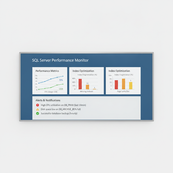 Panel de monitoreo de SQL Server con gráficos de rendimiento y alertas técnicas para administración de bases de datos