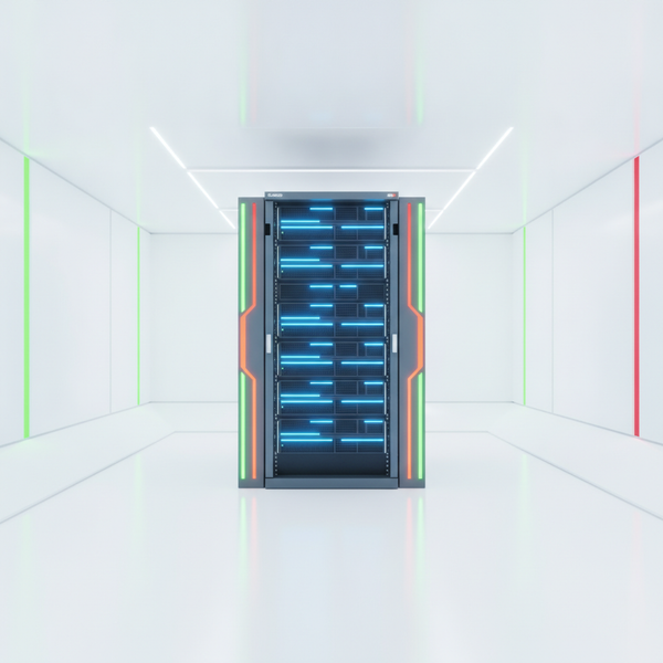 Servidor rack en datacenter con luces LED azules, representando hardening y seguridad de infraestructura TI.
