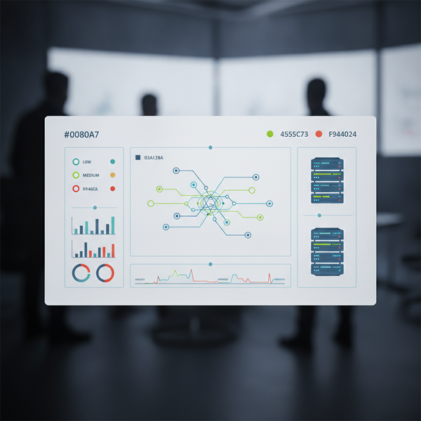 Dashboard de monitoreo de ciberseguridad con gráficos de red y alertas en sala de operaciones técnicas
