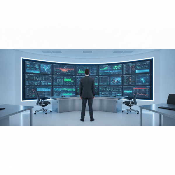 Ejecutivo de ciberseguridad supervisando dashboards de monitoreo en sala de control corporativa
