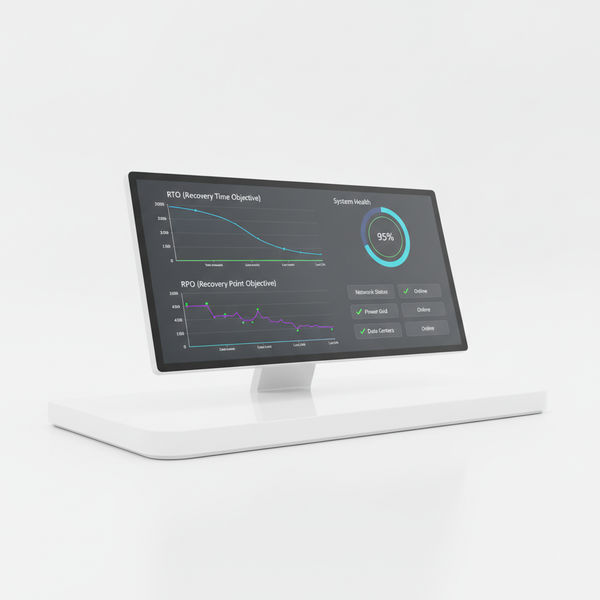 Panel de monitoreo 24x7 con métricas de RTO y RPO para infraestructura crítica en entorno tecnológico minimalista