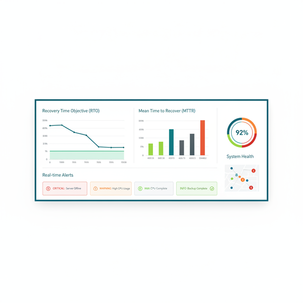 Dashboard de monitoreo 24x7 con métricas de RTO y tiempo de recuperación en infraestructura TI