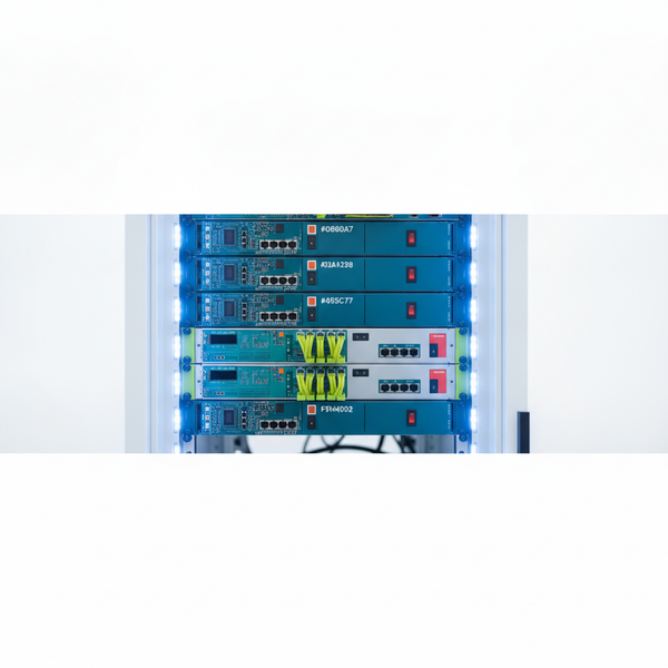 Servidor rack en datacenter minimalista con luces LED azules, representando hardening CIS y configuración segura de servidores.