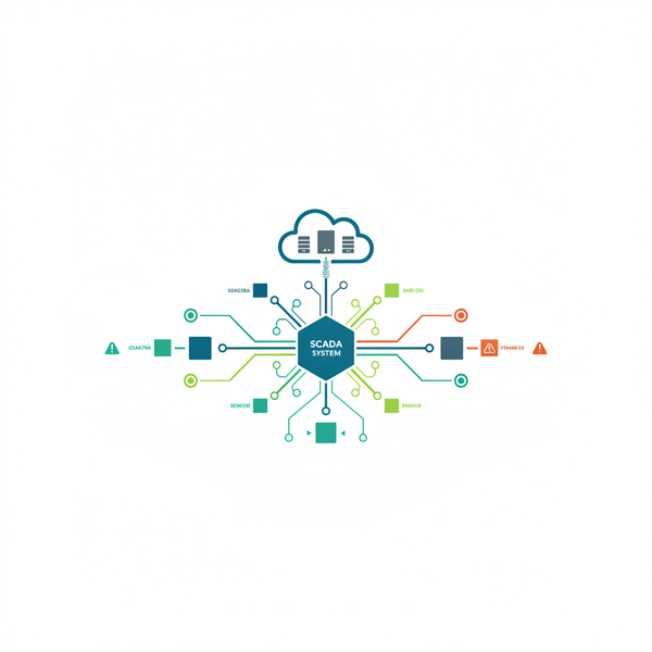 Infraestructura crítica tecnológica con sistemas SCADA y redes OT/IT en entorno industrial minimalista