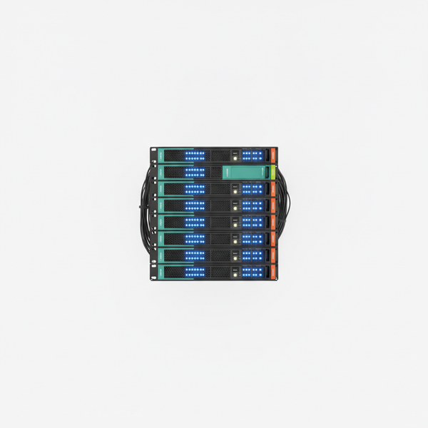 Servidor rack en datacenter con luces LED azules, representando infraestructura tecnológica para hardening de seguridad.