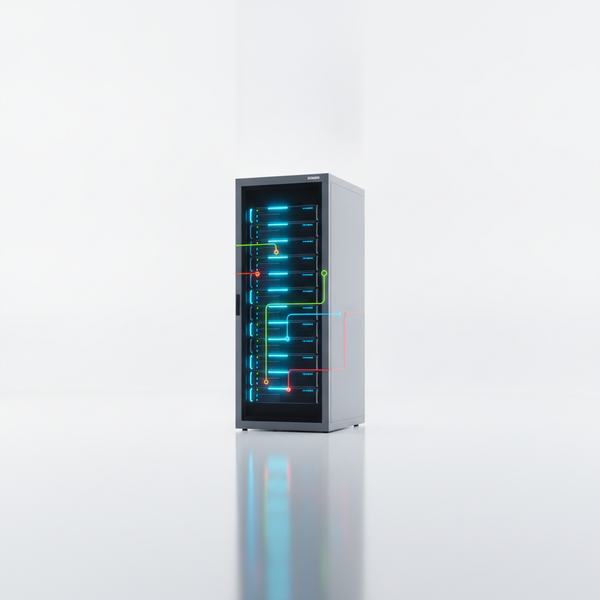 Servidor SQL Server con luces LED azules en rack tecnológico minimalista sobre fondo blanco