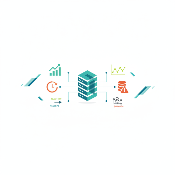 Representación abstracta de un servidor SQL Server con gráficos de rendimiento y señales de alerta, fondo blanco con detalles en azul corporativo.