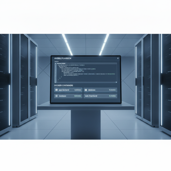 Terminal con un playbook de Ansible y contenedores Docker desplegados en un servidor