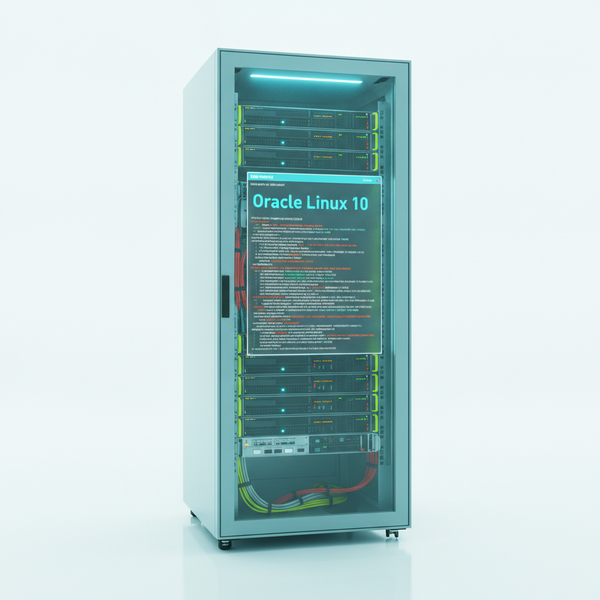 Servidor ejecutando Oracle Linux 10 con interfaz de terminal y gráficos de rendimiento del sistema