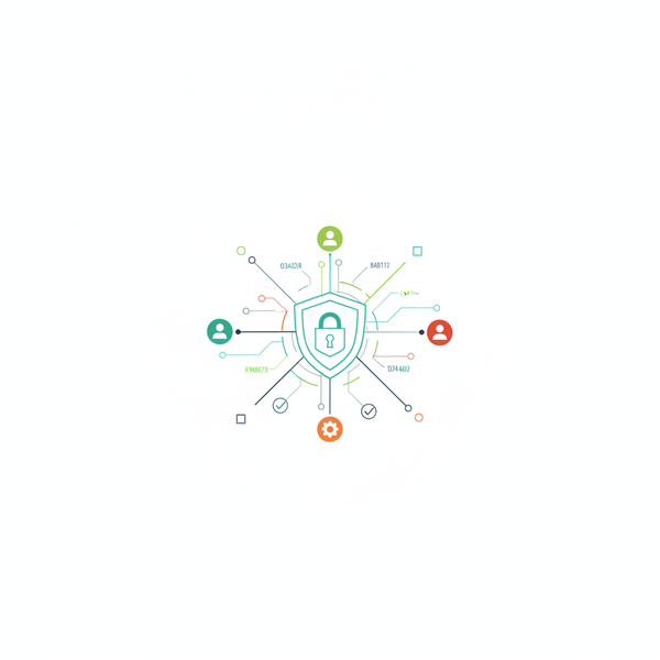 Ilustración de hardening de usuarios con candado digital y control de accesos en tonos azul y verde
