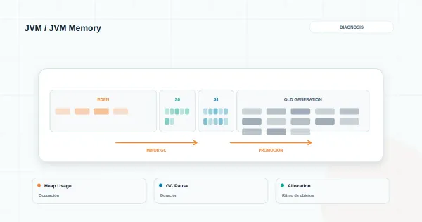 Diagrama abstracto de memoria JVM con heap segmentado y gráfico de monitoreo en colores corporativos