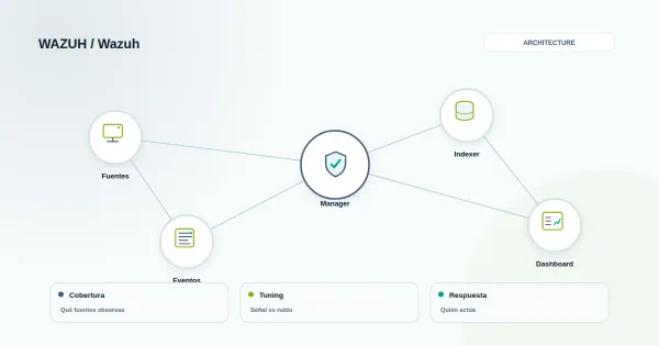 Representación abstracta de Wazuh en ciberseguridad con nodos de red y escudo de protección